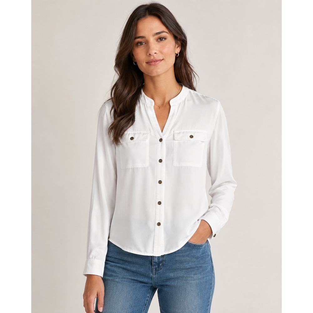 White Button Down‎ Blouse Womens Medium Lightweight Minimalist Per Se